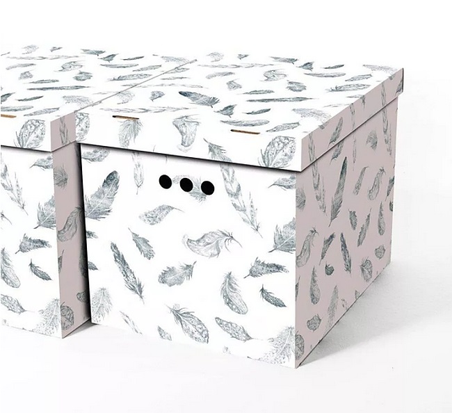 Dekorativní kartonová krabička PEŘÍ XL, úložný box s víkem, vel. 42x32x32cm