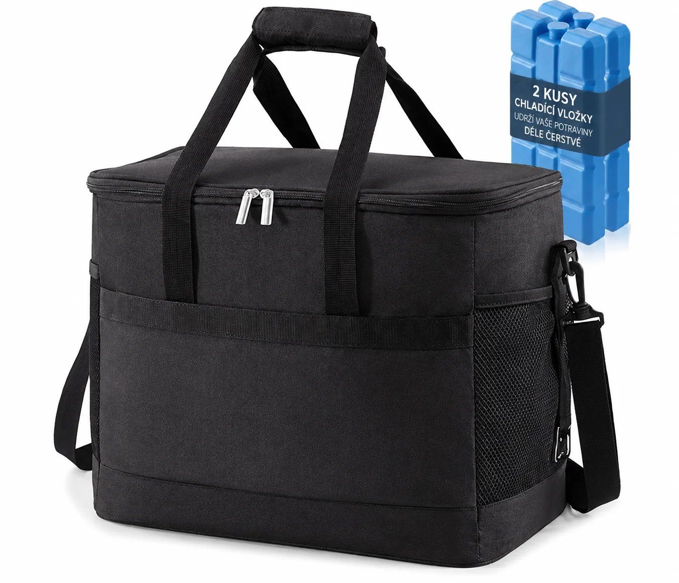 Termotaška turistická černá 30x29x19 cm + 2x chladicí vložka 200 ml termoizolační taška na jídlo a nápoje přes rameno
