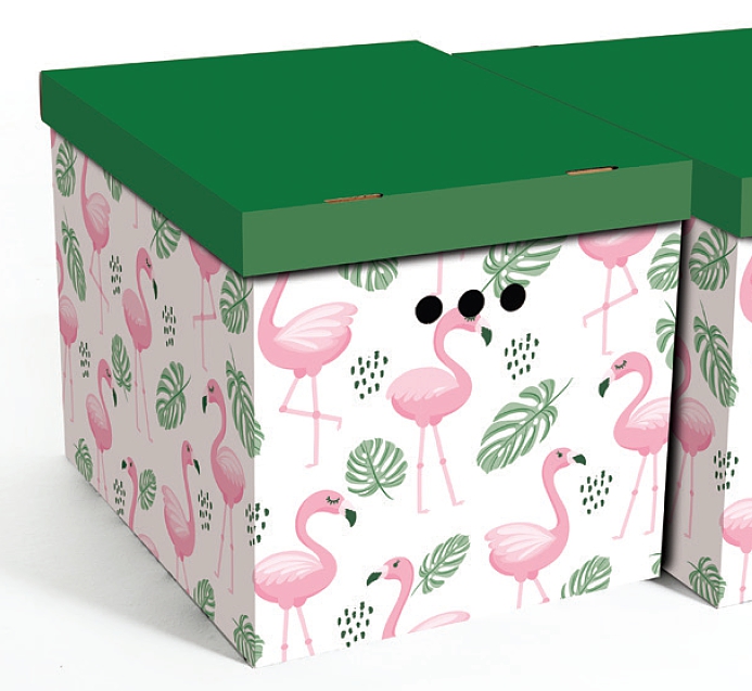 Dekorativní kartonová krabička PLAMEŇÁCI A LISTY XL úložný box, vel. 42x32x32cm