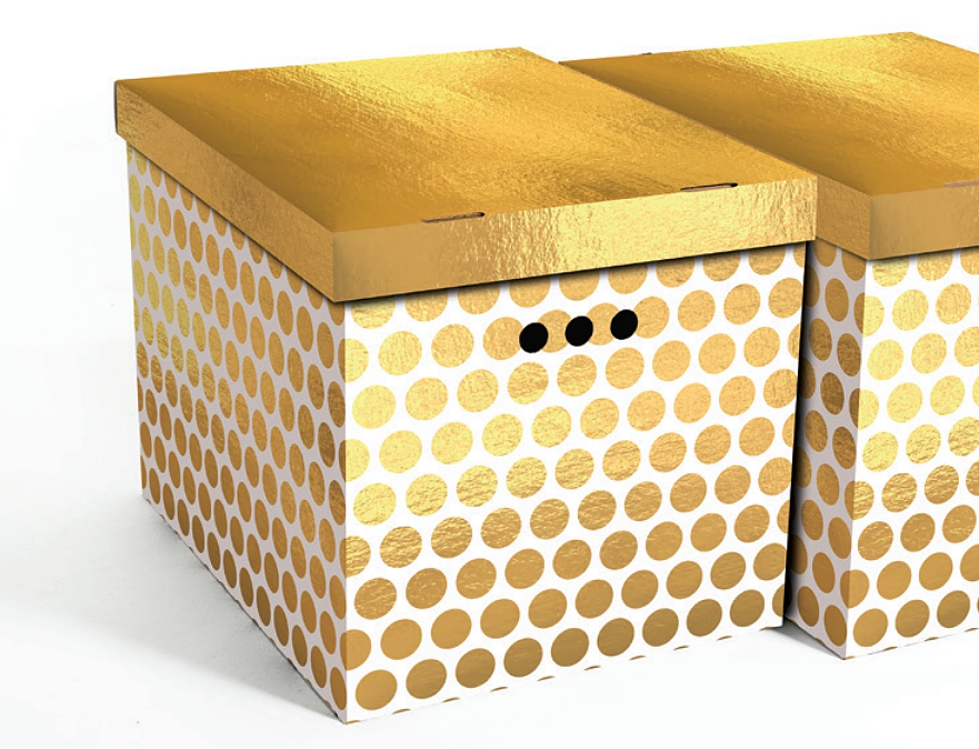 Dekorativní kartonová krabička zlaté / bílé tečky XL úložný box, vel. 42x32x32cm